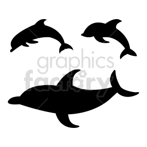 The image displays three black silhouettes of dolphins in different positions.