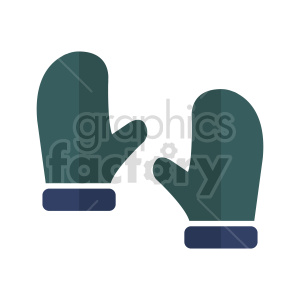 Clipart image of a pair of dark green mittens with blue cuffs.