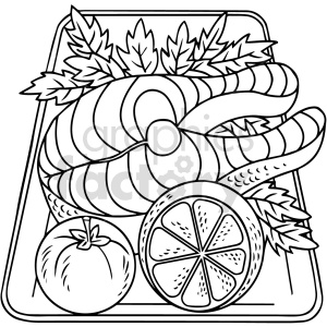 Clipart illustration of a salmon steak on a plate with leaves, a tomato, and a lemon slice.