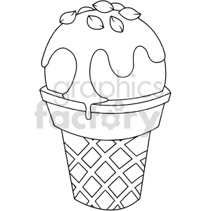 A black and white clipart illustration of an ice cream cone with a scoop of ice cream topped with leaves.