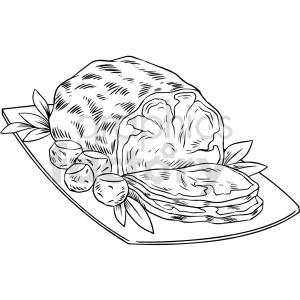 A black and white clipart image of a beef roast dinner on a platter, garnished with herbs and vegetables.