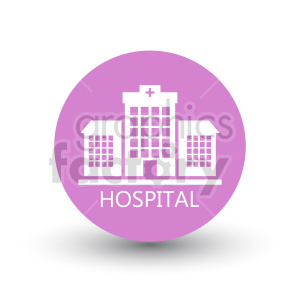 A pink circular clipart image depicting a hospital building with a cross symbol, featuring three structured buildings and the word 'Hospital' below.