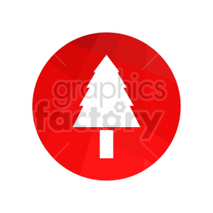 A minimalist clipart image of a white Christmas tree icon on a red circular background.