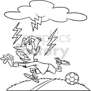 A black and white clipart image of a soccer player running away scared from a storm cloud with lightning bolts. The player is dropping a soccer ball while looking up in fear.