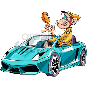 A cartoon character wearing a yellow outfit is driving a turquoise convertible car while holding and eating a piece of fried chicken.