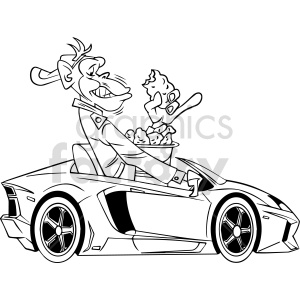 A cartoon monkey driving a luxury sports car whilst eating a box of fried chicken