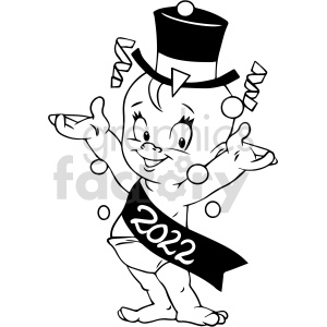 A clipart image of a baby wearing a sash with '2022' written on it and a party hat. The baby is celebrating with outstretched arms and confetti around.