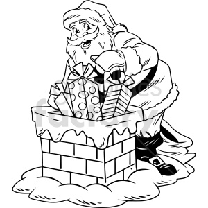 A black and white clipart illustration of Santa Claus placing gifts inside a snowy chimney.