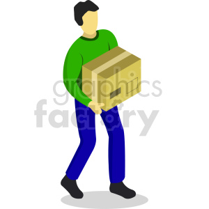 Isometric illustration of a person carrying a large cardboard box, symbolizing delivery or moving.