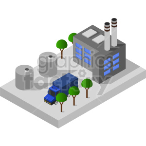 Isometric illustration of a factory complex with industrial buildings, storage tanks, a truck, and trees.