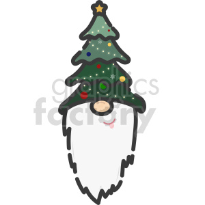 A festive clipart image featuring a gnome with a Christmas tree hat decorated with ornaments and lights.