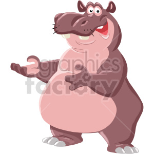 The image depicts a cartoon of a happy, upright-standing hippopotamus. The hippo is smiling with an open mouth, revealing teeth, and appears to be gesturing with its right hand as if explaining something or presenting.