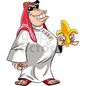 Cartoon illustration of a smiling gorilla wearing traditional Middle Eastern attire, sunglasses, and holding a peeled banana.