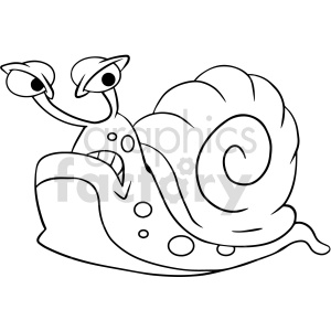 This clipart image depicts a cartoon snail. The snail has a large, spiral shell, a smiling face with eyes on stalks, and a body with spots. The image is in black and white and has a simple, bold outline, suitable for coloring.