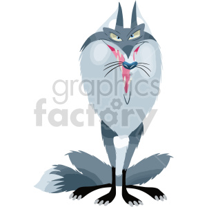 A stylized and anthropomorphic cartoon wolf character with a mischievous expression, large white and grey fur, a blue nose, and black paws.