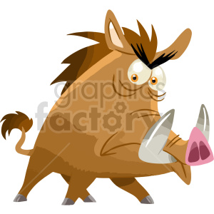 A cartoon illustration of a warthog with exaggerated features including large tusks and a comical facial expression.