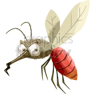   The clipart image shows a cartoon depiction of a mosquito, which is an insect that feeds on the blood of humans and animals. The mosquito is shown with a long bent proboscis, thin body, two wings, six legs, and a pointed proboscis, which it uses to extract blood. The image is intended to be humorous and playful in style, as indicated by the bent proboscis, use of bright colors and exaggerated features such as the size of the mosquito