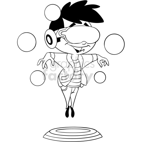 A black and white clipart image of a cartoon character wearing a virtual reality headset and headphones, levitating with arms outstretched, surrounded by floating circles.