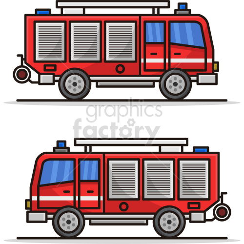 Clipart image featuring two red fire trucks with detailed exterior designs, including windows, doors, and wheels.