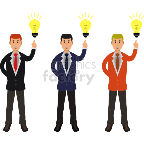 Clipart image of three businessmen in different colored suits (black, blue, and orange) pointing upwards with lightbulbs above their fingers, symbolizing ideas or innovation.