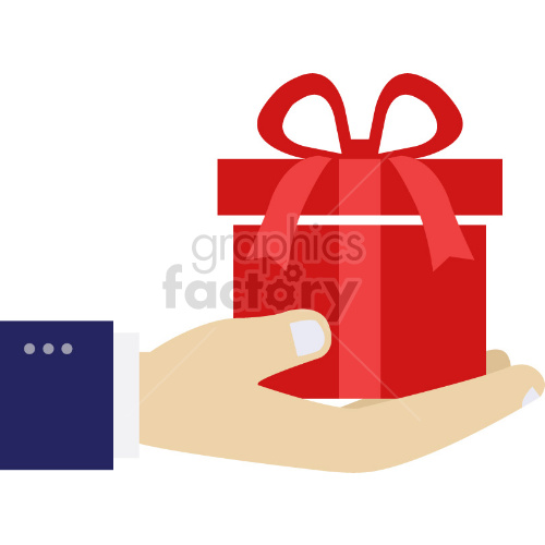 Clipart image of a hand holding a red gift box with a ribbon.