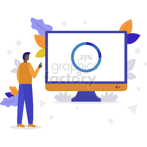 Illustration of a person standing in front of a computer screen with a circular progress chart showing 25% completion. The background includes abstract shapes and colorful leaves.