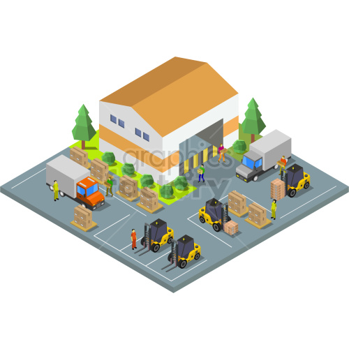 An isometric clipart image of a warehouse with workers, forklifts, and delivery trucks. Workers are seen handling and transporting boxes, while forklifts are carrying pallets. The warehouse is surrounded by trees and boxed pallets are seen outside.