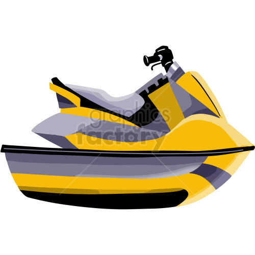 A colorful clipart illustration of a jet ski, featuring shades of yellow, grey, and black. The image showcases the side view of the personal watercraft used for recreational water activities.