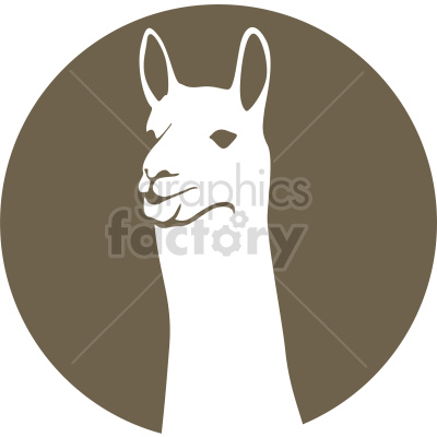 A clipart image of a llama's head in a stylized silhouette style with a brown circular background.