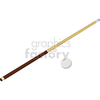 Clipart image of a billiard cue stick and a white billiard ball on a plain white background.