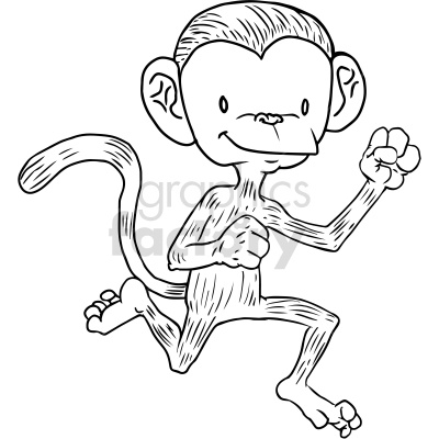 A black and white clipart image of an energetic cartoon monkey in a playful pose with a big smile and raised fists.