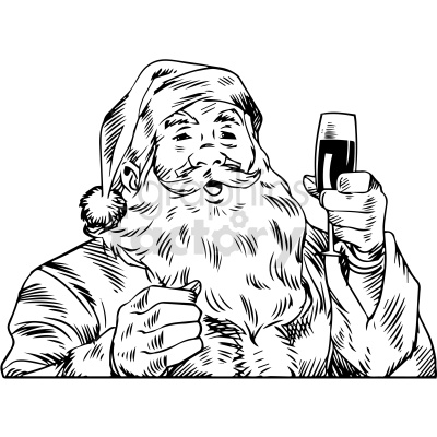 A black and white clipart image of Santa Claus holding a glass, possibly with a celebratory drink.