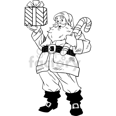 Black and white clipart image of a jolly Santa Claus holding a candy cane in one hand and a wrapped gift in the other. Santa is depicted with his signature beard, hat, and belt, adding a festive Christmas cheer.