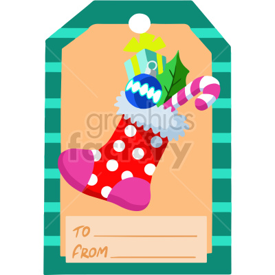 A festive Christmas gift tag illustration featuring a red polka-dotted Christmas stocking filled with a green gift box, a blue bauble, a candy cane, and a holly leaf, set against a striped green and beige background.