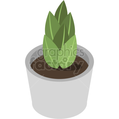 A clipart image of a small green plant with pointed leaves in a simple gray pot filled with soil.