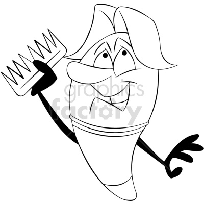 A black and white clipart image of a smiling, animated paintbrush character holding a comb. The paintbrush has expressive eyes. and appears to be looking upwards