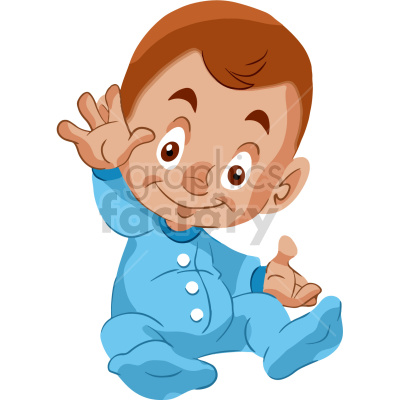 Clipart of a cute baby in a blue onesie, sitting and waving with a happy expression.