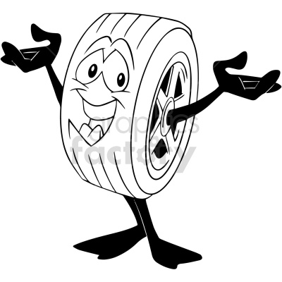 A clipart image of an anthropomorphic tire with a smiling face and arms. The tire is standing on its treads and has its arms raised up as if shrugging.