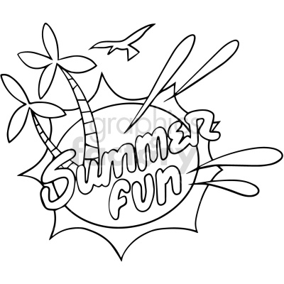A summer-themed clipart image featuring the text 'Summer Fun' surrounded by palm trees, a flying bird, and sun rays or waves.