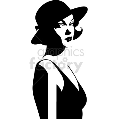 Silhouette of a woman in a hat with a striking pose, featuring a minimalist and elegant design in black and white.