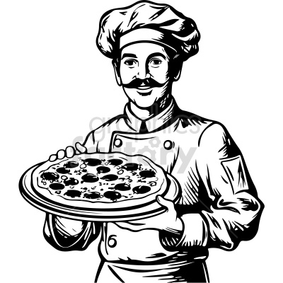 A black and white clipart image of a chef holding a pizza on a tray. The chef is wearing a traditional chef's hat and uniform, and is smiling.