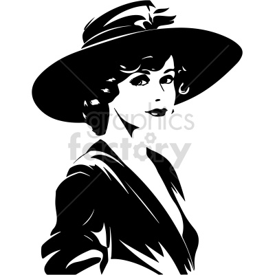 Black and white clipart image of a stylish woman wearing a large hat and elegant clothing.