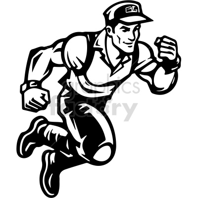 A clipart image of a strong, muscular man in a technician or worker uniform, running energetically. The image is in black and white and showcases the man with a confident expression, wearing a cap and work boots.