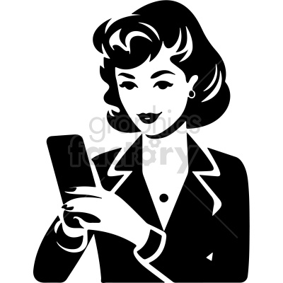 A black and white clipart image of a woman with styled hair, wearing a blazer, looking at her smartphone.