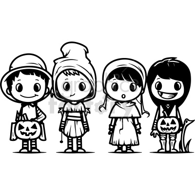black and white group of kids going trick or treating vector clip art