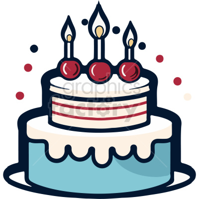 A clipart image of a birthday cake with three lit candles on top. The cake has two layers with a blue lower layer and a white upper layer with red accents. Red and white confetti is scattered around the cake.