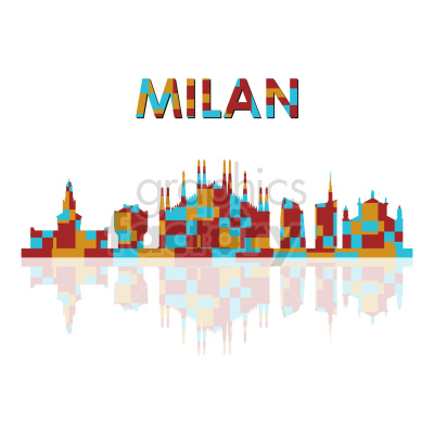 A colorful, abstract clipart image of the Milan city skyline with a geometric, block style. The word 'Milan' is prominently displayed above the skyline.