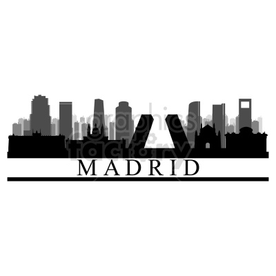 A clipart image of the Madrid city skyline featuring iconic buildings and landmarks in a black silhouette style.