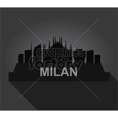 Graphic silhouette of Milan's skyline with prominent landmarks in a minimalist, dark-themed design.