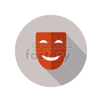 Clipart image of a red and orange smiling theatrical mask with a shadow, set against a circular gray background.